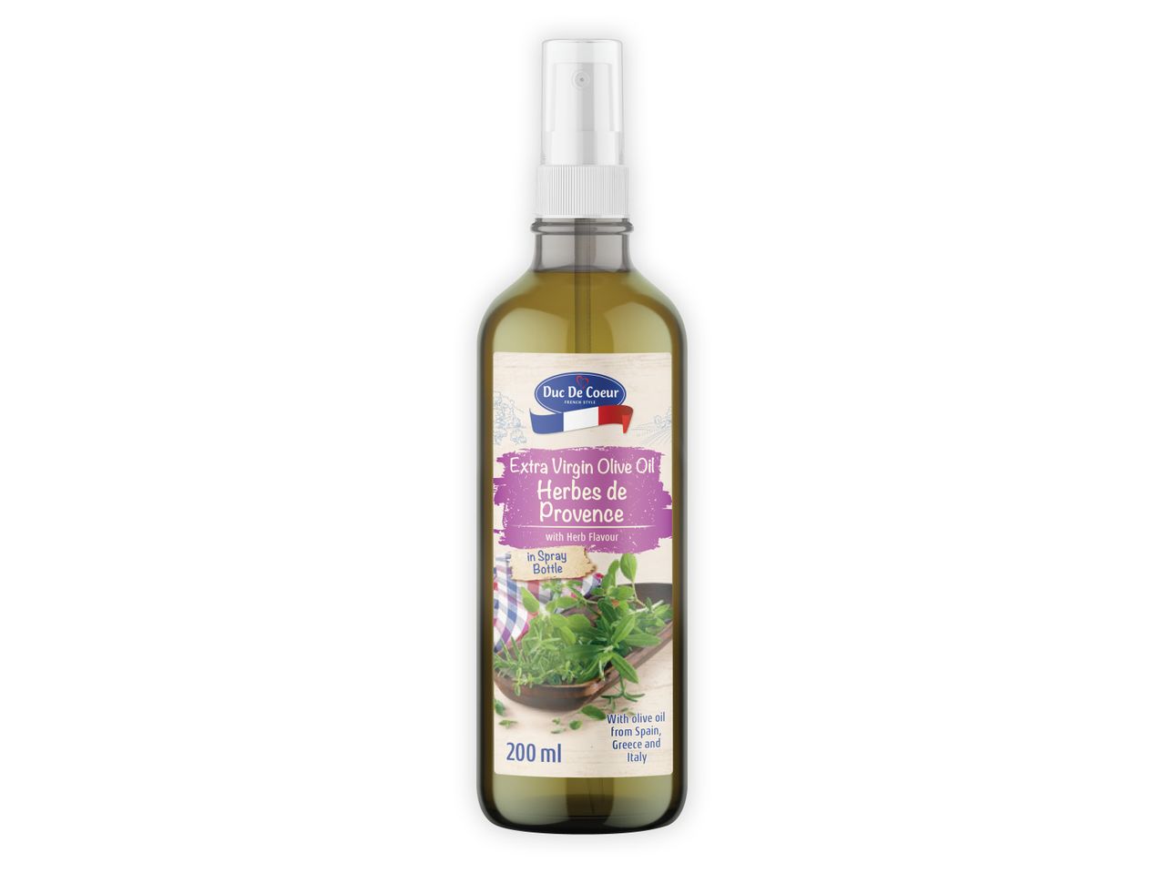 Steklenica ekstra deviškega oljčnega olja Duc De Coeur Herbes de Provence v spreju.