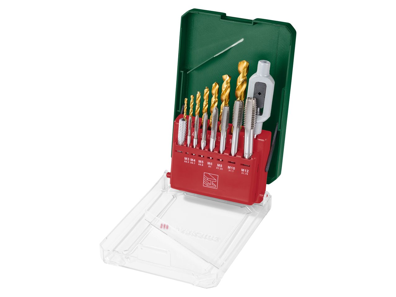 Set di punte da trapano e maschi Parkside in una custodia verde e rossa.
