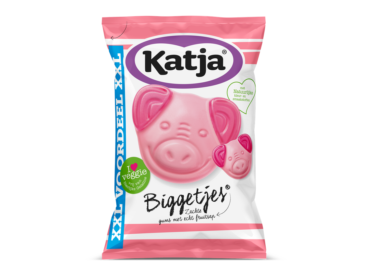 Roze snoepzak met varkensvormige snoepjes, met de tekst 'I love veggie' en 'XXL voordeel'.