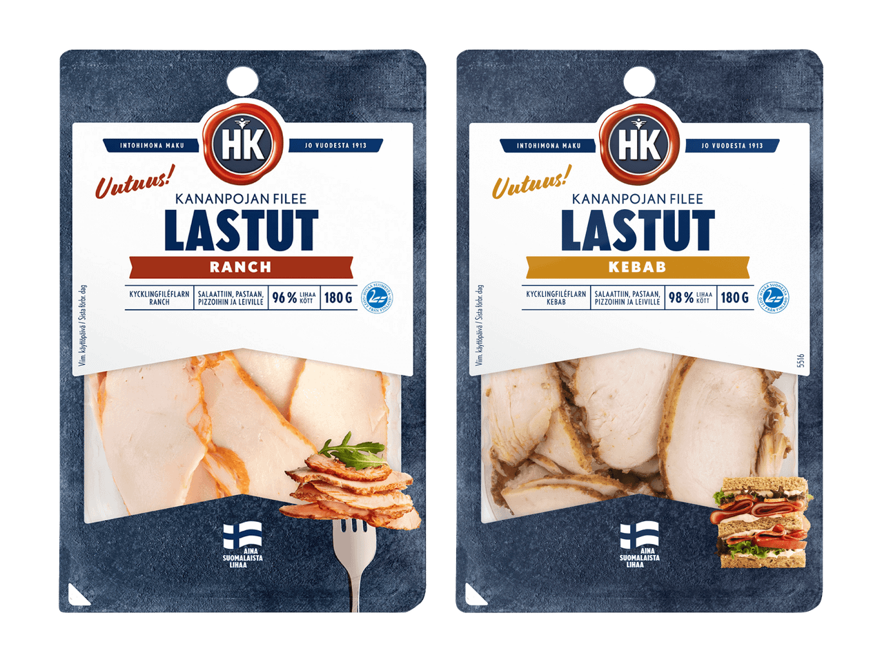 Kaksi pakkausta kanasuikaleita: toinen Ranch-maulla ja toinen Kebab-maulla, molemmat 180g.