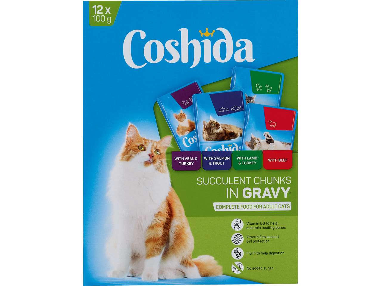 Nourriture humide pour chats Coshida avec des morceaux succulents en sauce, aux saveurs de veau et dinde, saumon et truite, agneau et dinde, et bœuf.