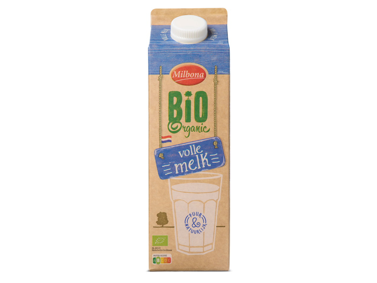 Milbona Bio volle melk: biologische melk in kartonnen verpakking.