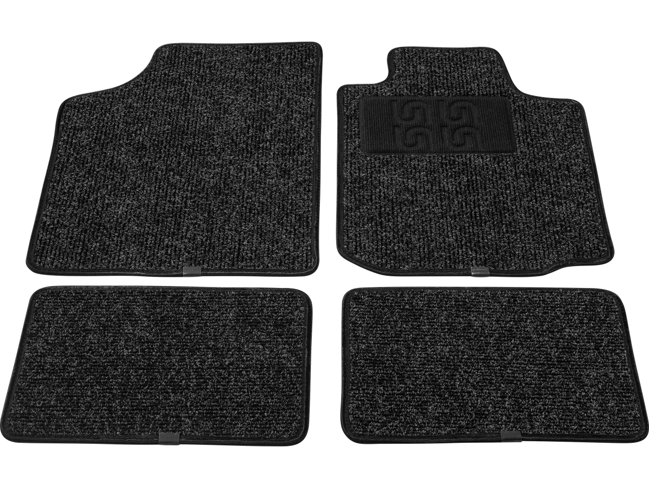 Four dark grey car floor mats with a textured surface, one featuring a 'GG' logo.