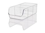 Clear plastic storage organizer with three compartments and a sloped front