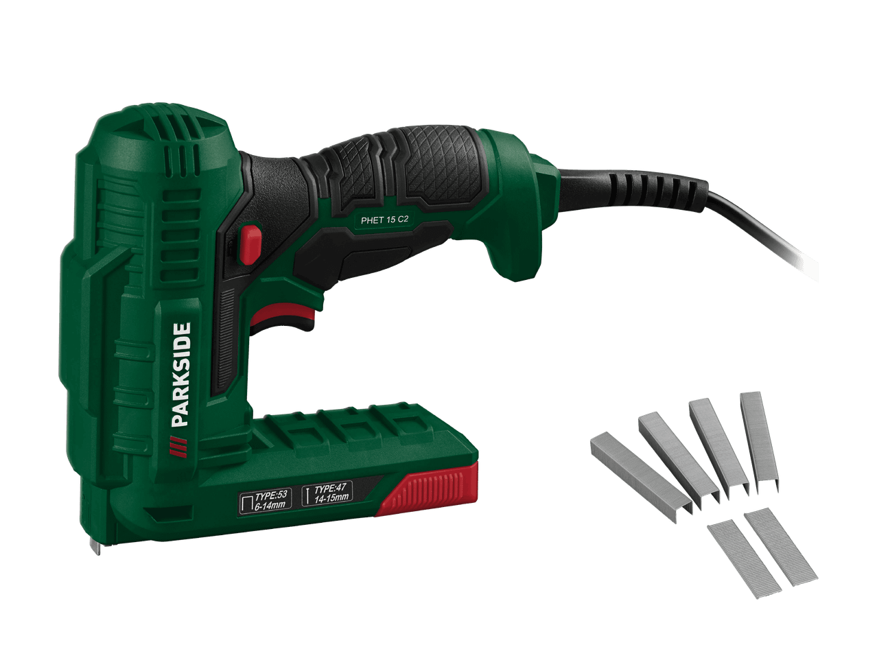 Grünes und schwarzes Elektrotacker mit Klammern und Nägeln, Modell PHET 15 C2.