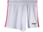 White kids' training shorts with pink side stripes and a black logo.