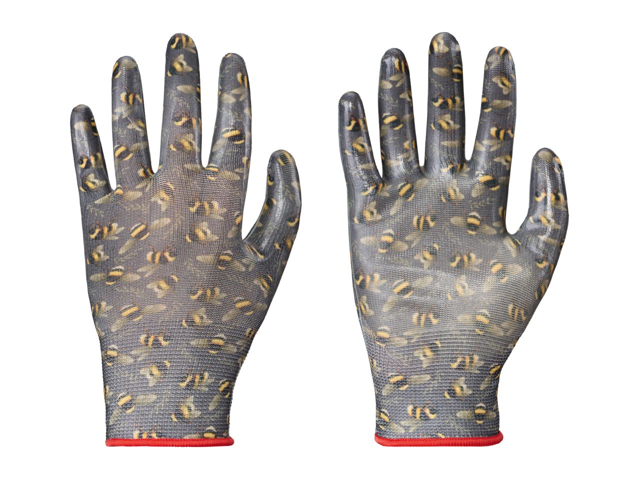 Two grey work gloves with a bee pattern and red cuffs, displayed on a white background.