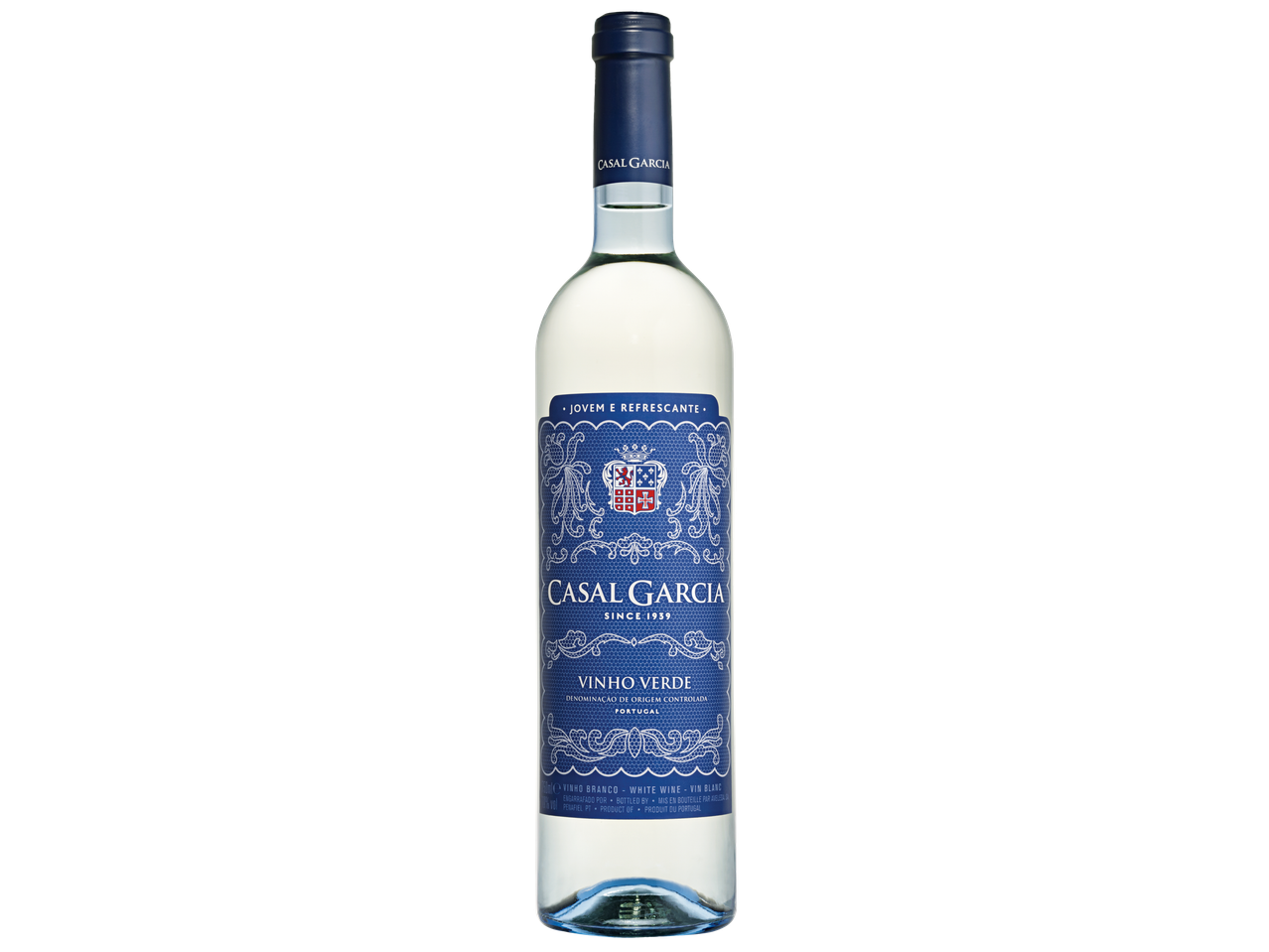 Garrafa de vinho branco Casal Garcia Vinho Verde com rótulo azul.
