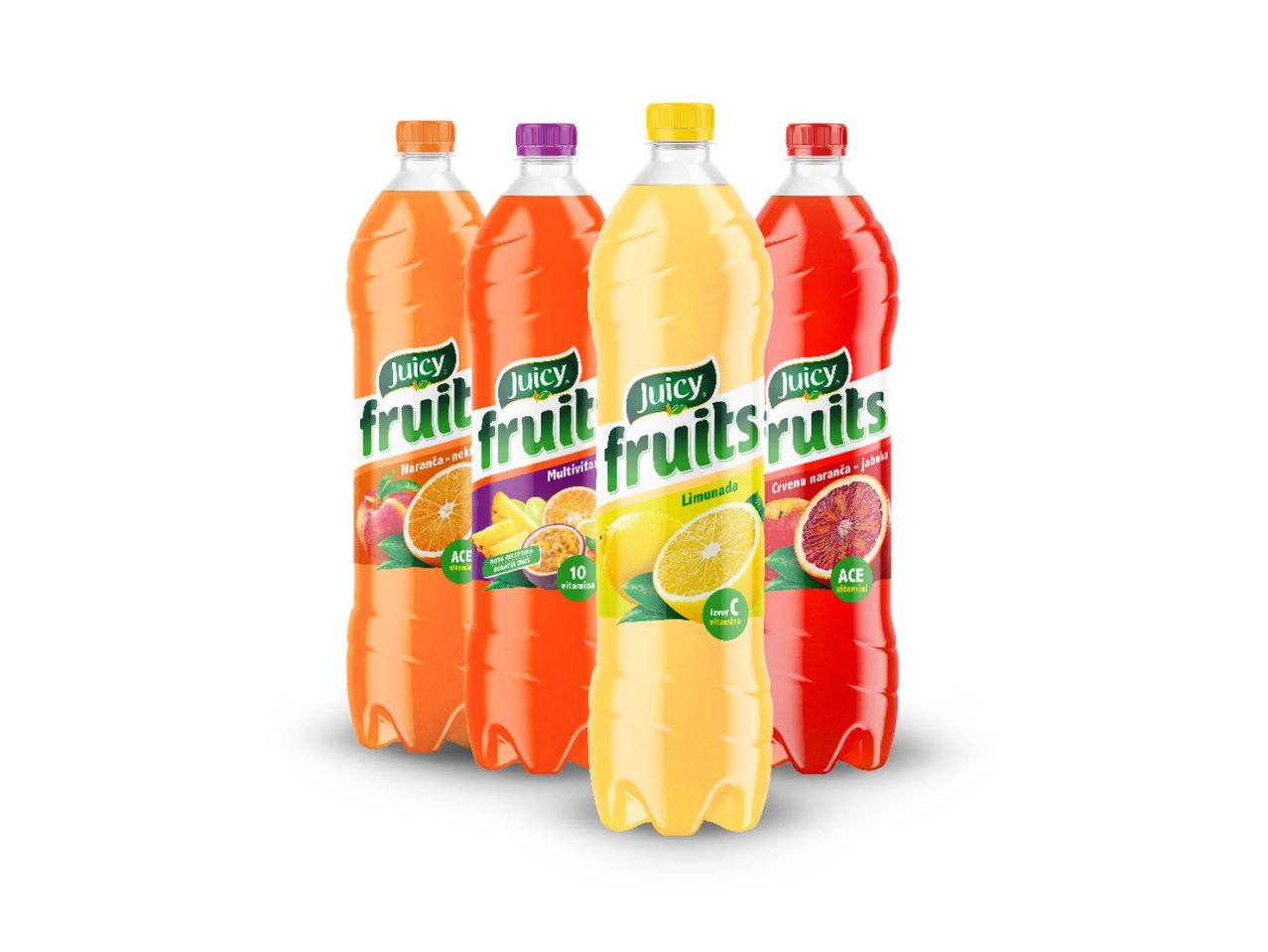Četiri boce Juicy Fruit s okusima naranče, multivitamina, limunade i crvene naranče-jabuke.