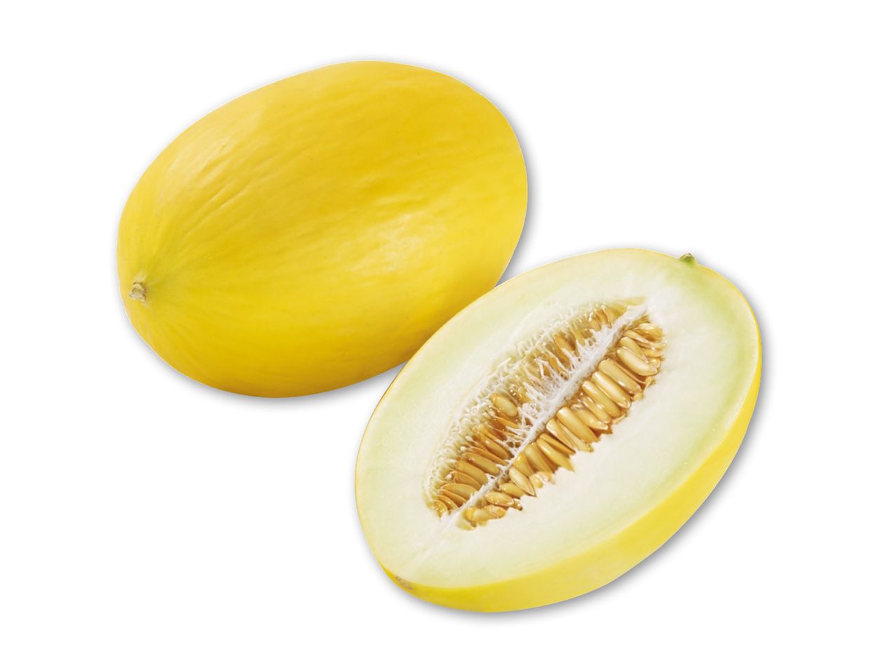 En hel og en halveret gul honningmelon med synlige kerner.