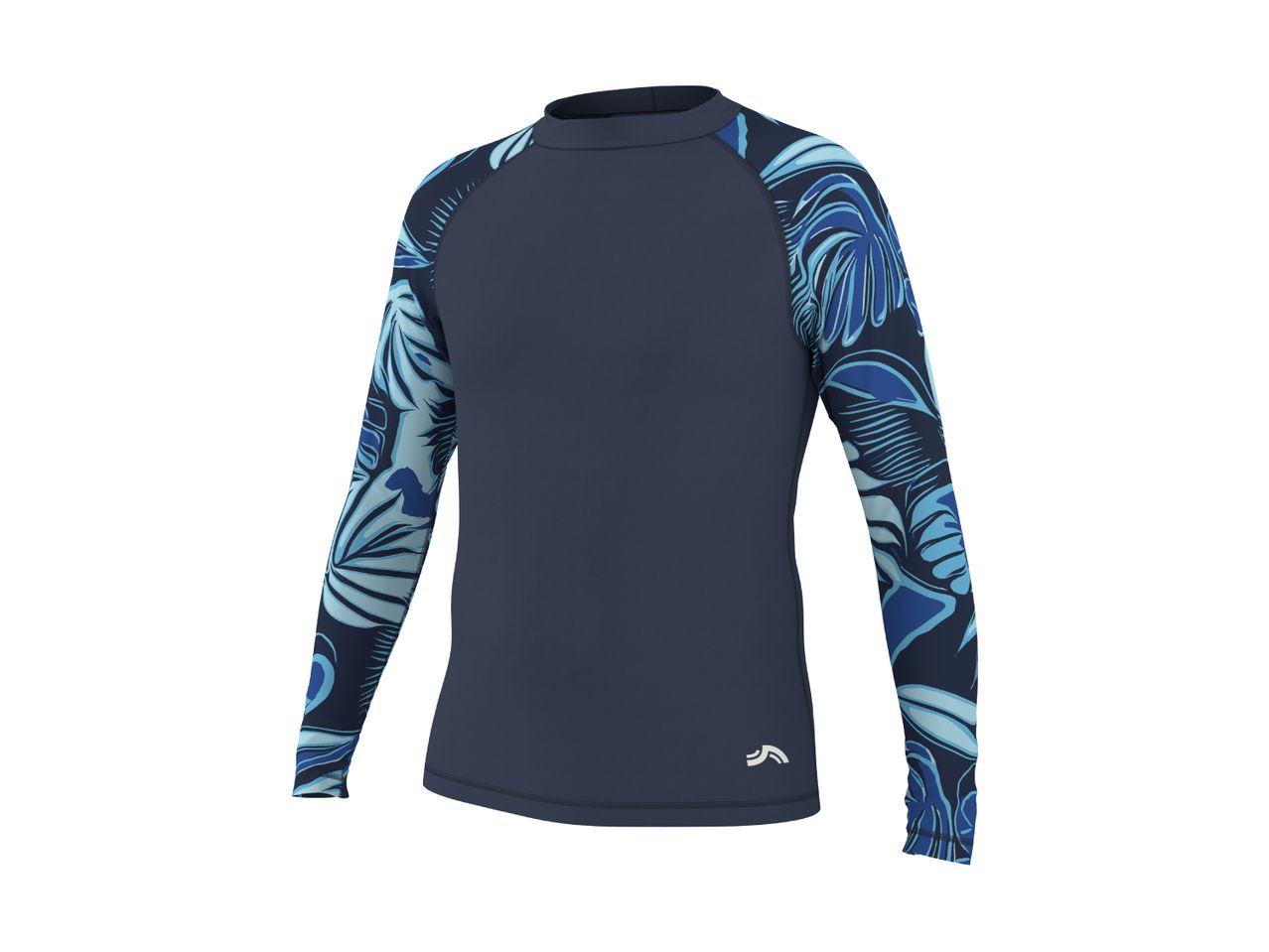 Mørkeblå langærmet rashguard med blå og lyseblå tropiske blade på ærmerne.