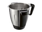 Stainless steel blender jug with black handles and base, featuring measurement markings.