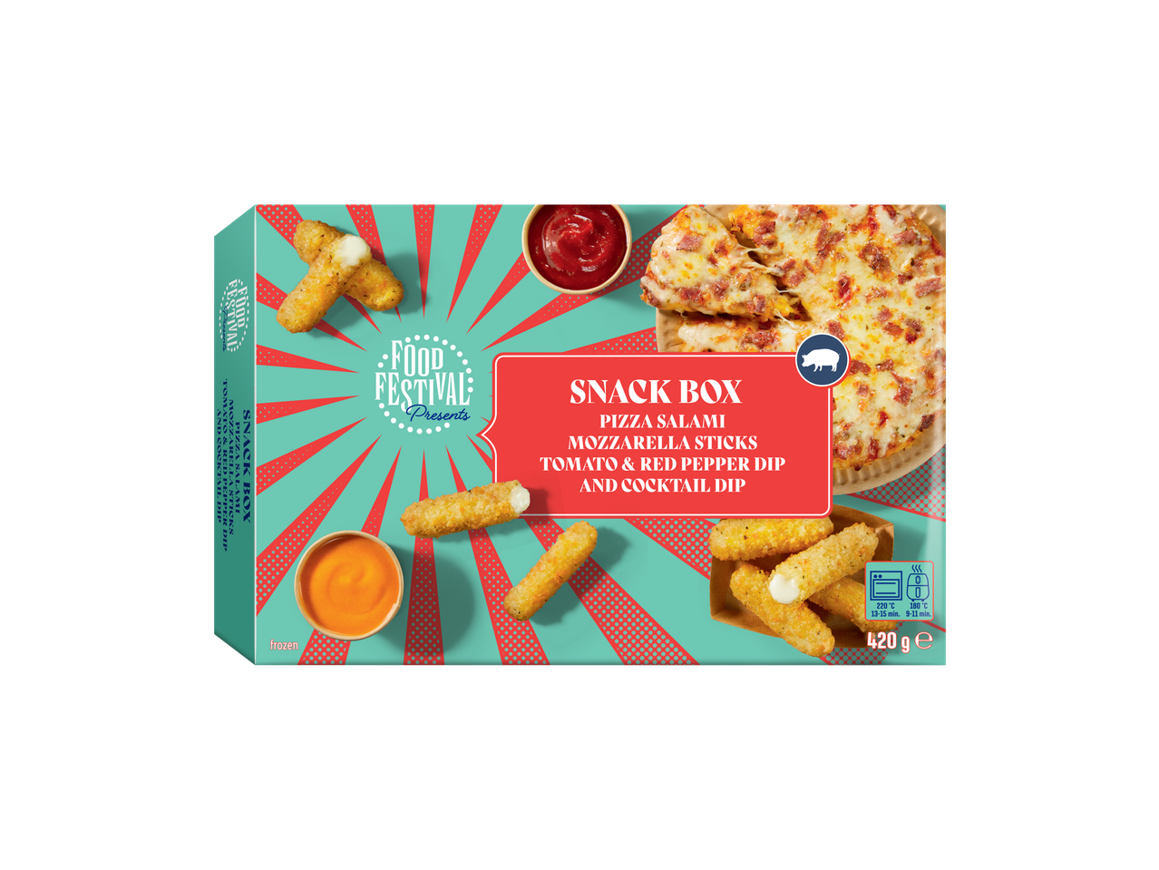 Snack Box met pizzasalami, mozzarellasticks, tomaat- & rode paprikadip en cocktaildip.