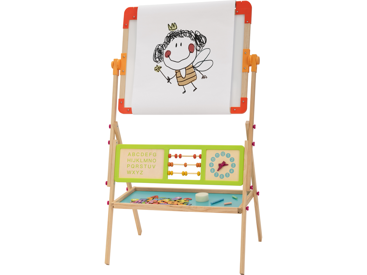 Vaikiškas meno molbertas su lenta, skaičiuotuvu ir laikrodžiu, su fėjos piešiniu.