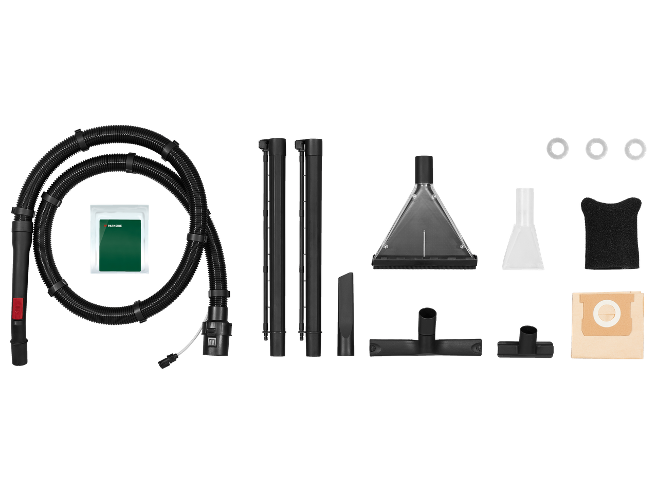 Parkside® 1600W Carpet Cleaner accessories including hoses, nozzles, filters, and cleaning solution.
