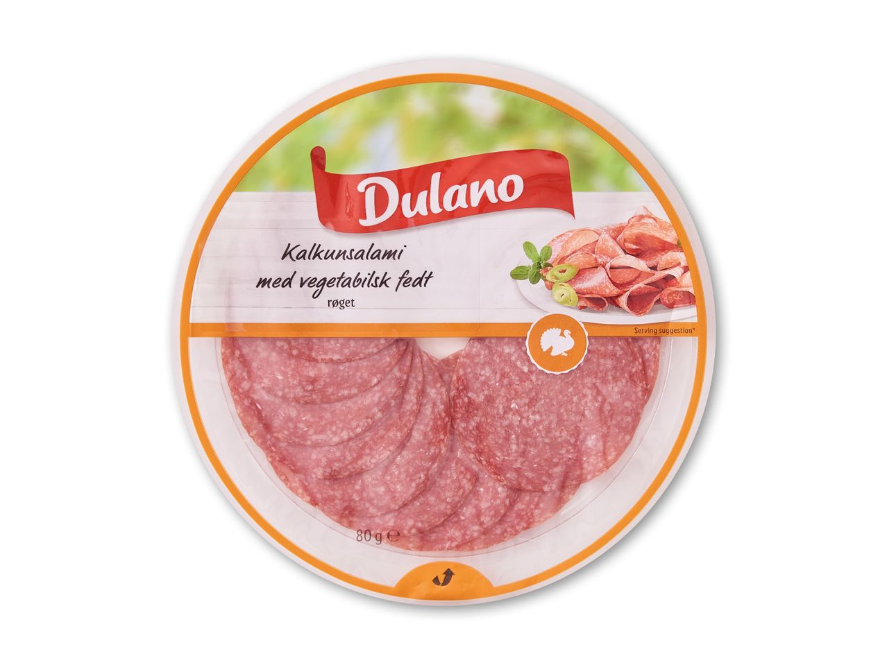 Røget kalkunsalami med vegetabilsk fedt i en rund pakke, 80g.