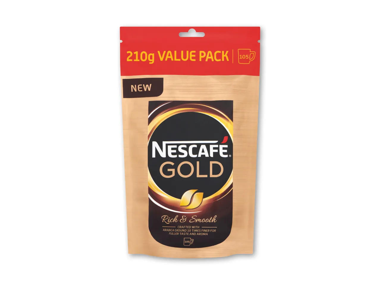 En Nescafe Gold kaffepose på 210 g med teksten 'Rich & Smooth' og 'New'.