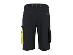 Black work shorts with yellow stitching and accents, back view.