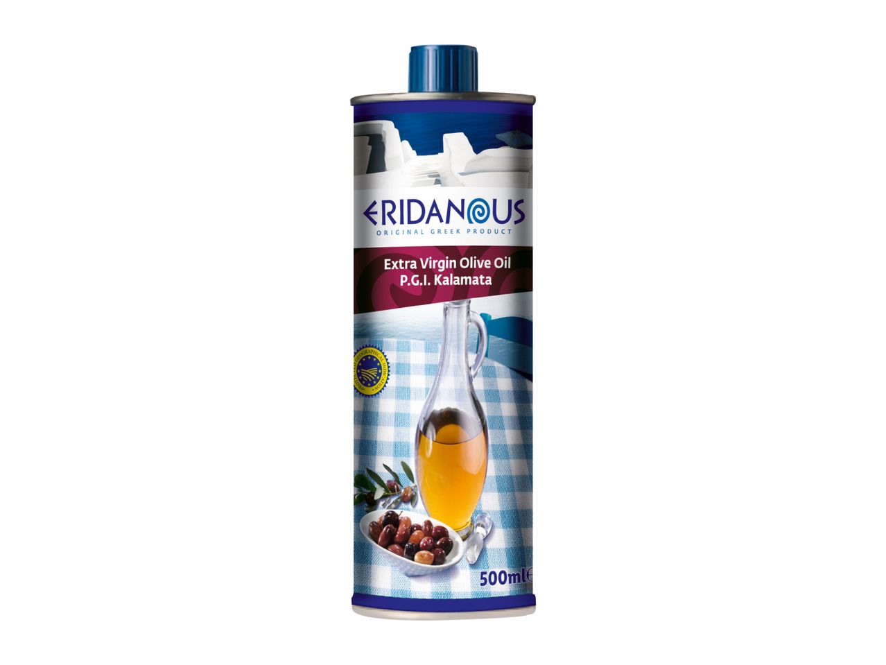 ERIDANOUS Extra Virgin Olive Oil P.G.I. Kalamata, 500ml, with olives and olive branch.