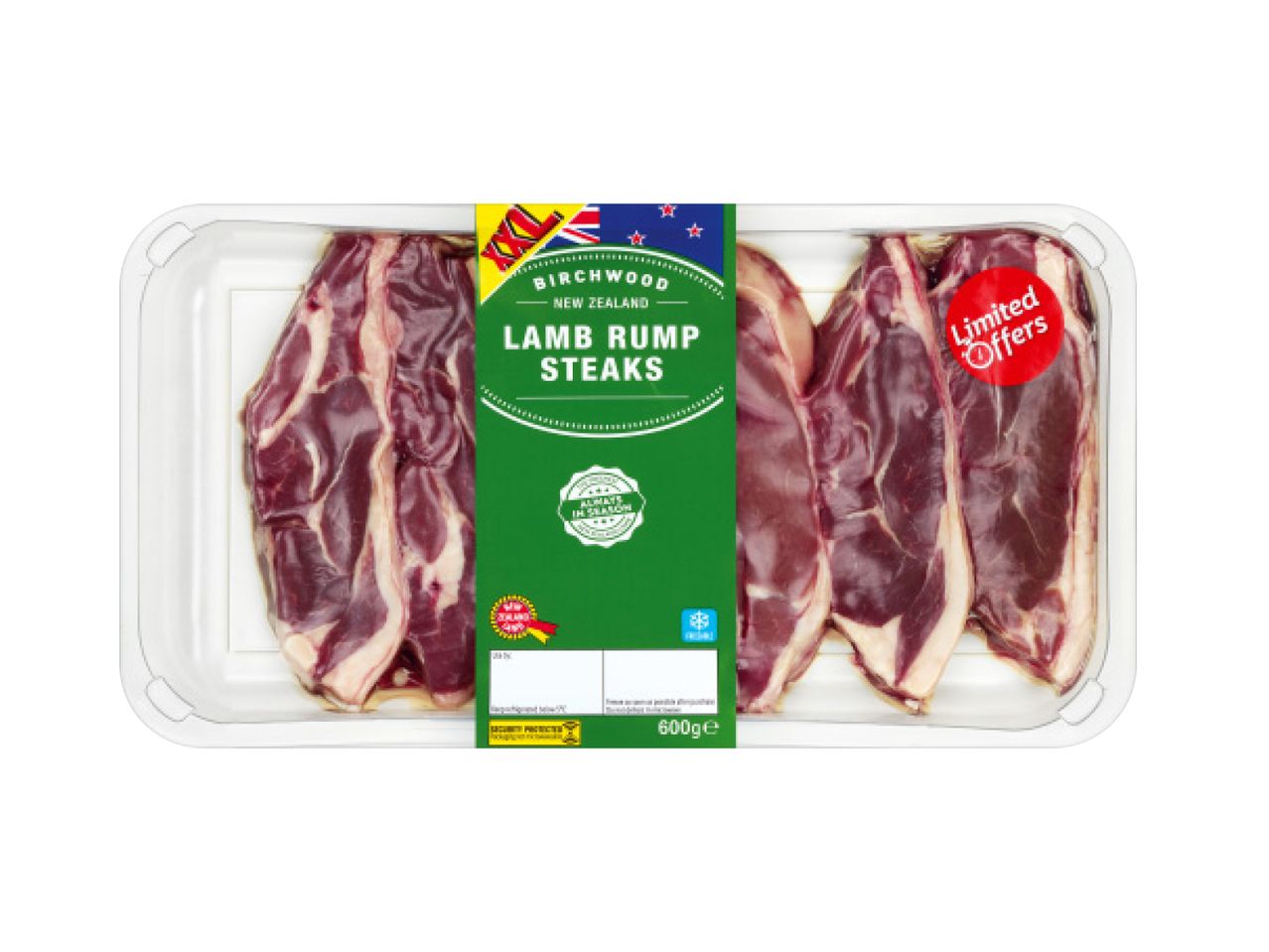 A clear plastic tray of Birchwood New Zealand Lamb Rump Steaks with a green label.