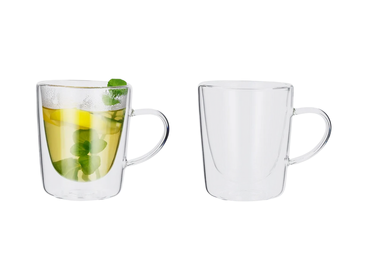 Kahekordse seinaga teetassid; üks teed ja piparmüntiga.