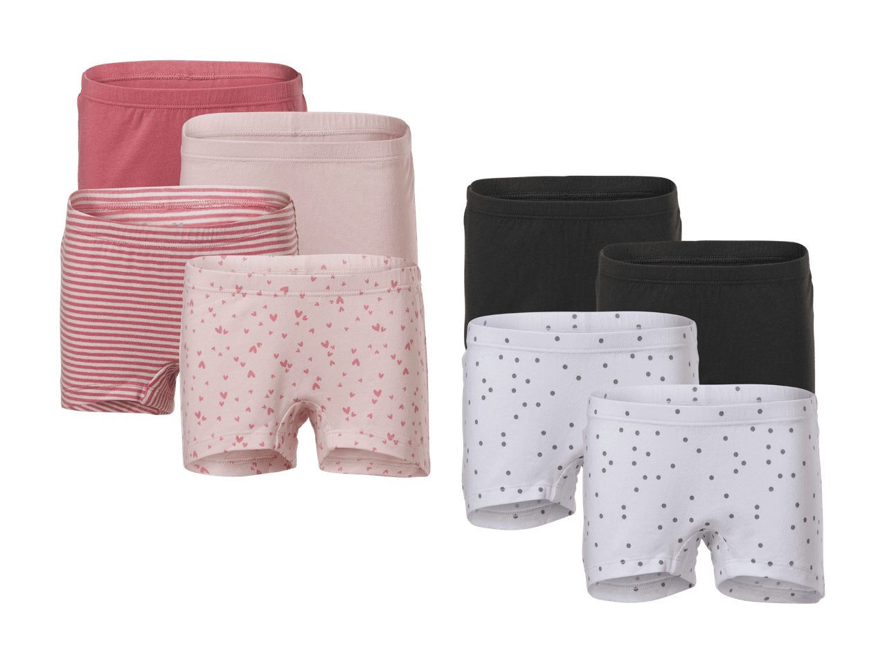 Sæt med 6 par pigeboksershorts i lyserøde, stribede, hjerte- og prikkede mønstre samt sorte og hvide.