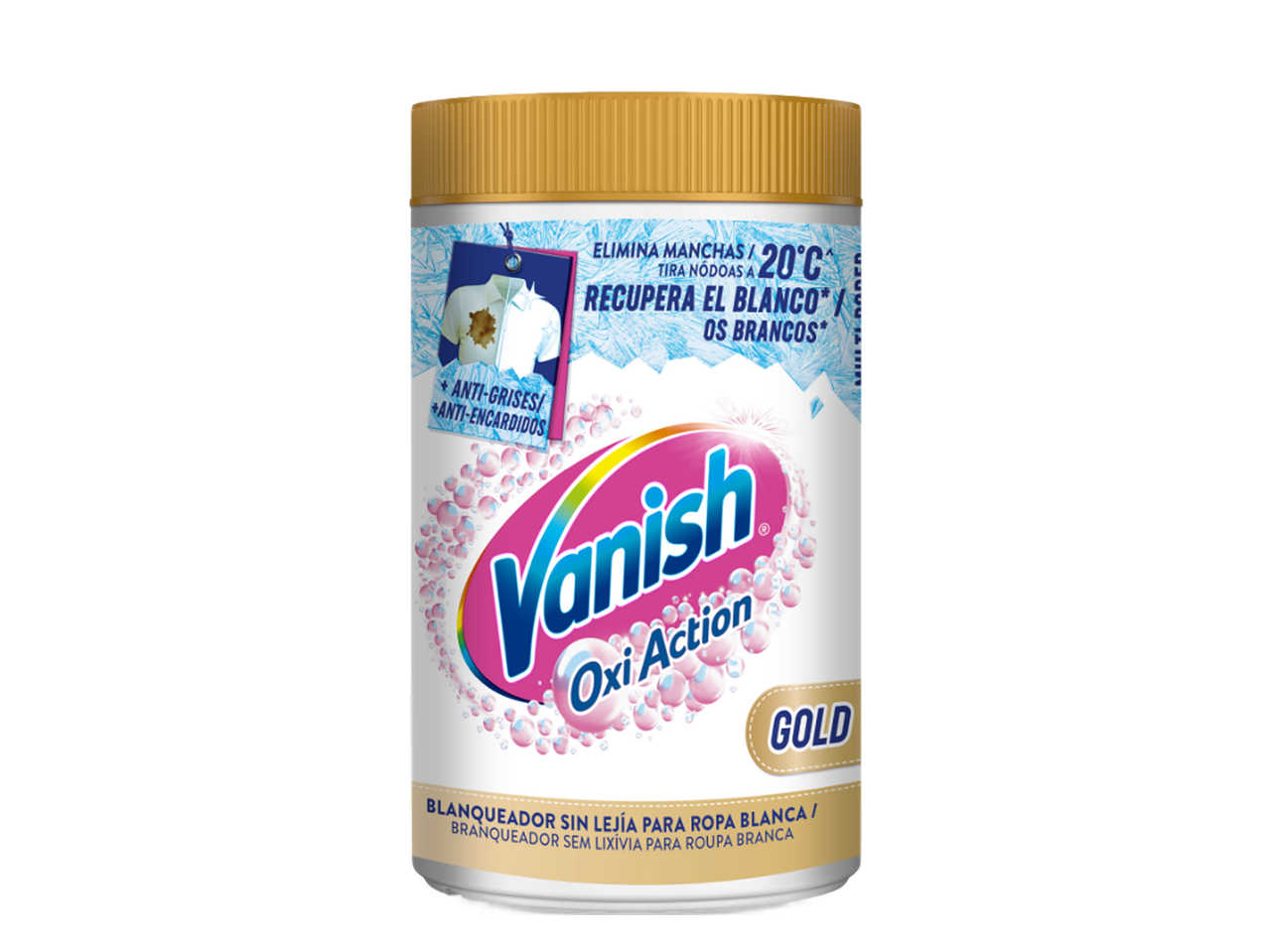Embalagem de tira-nódoas em pó para roupa branca, com a indicação de eliminar manchas a 20°C e recuperar o branco.