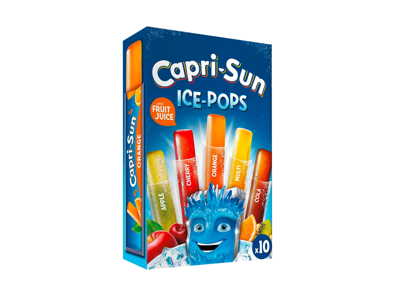 Schachtel mit Fruchteis am Stiel in den Geschmacksrichtungen Orange, Apfel, Kirsche, Multi und Cola.