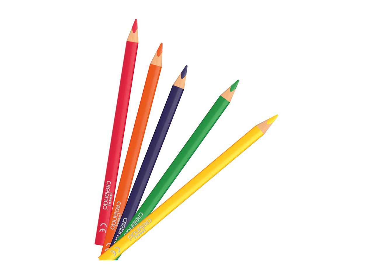 Crelando colored pencils: red, orange, purple, green, and yellow.