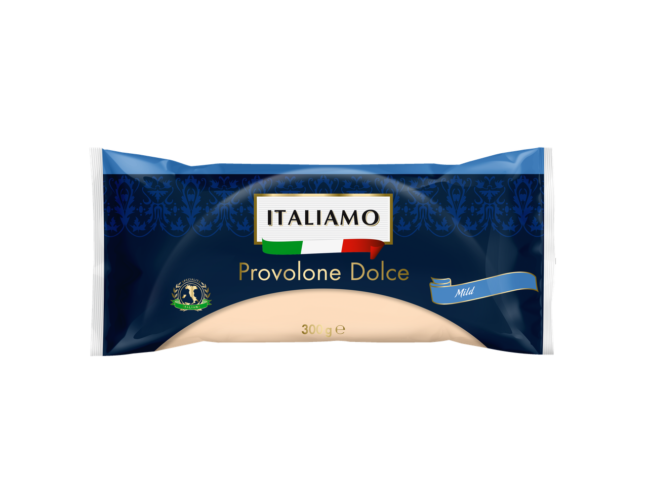 Italiamo Provolone Dolce Mild cheese, 300g, in blue packaging with Italian flag colors.