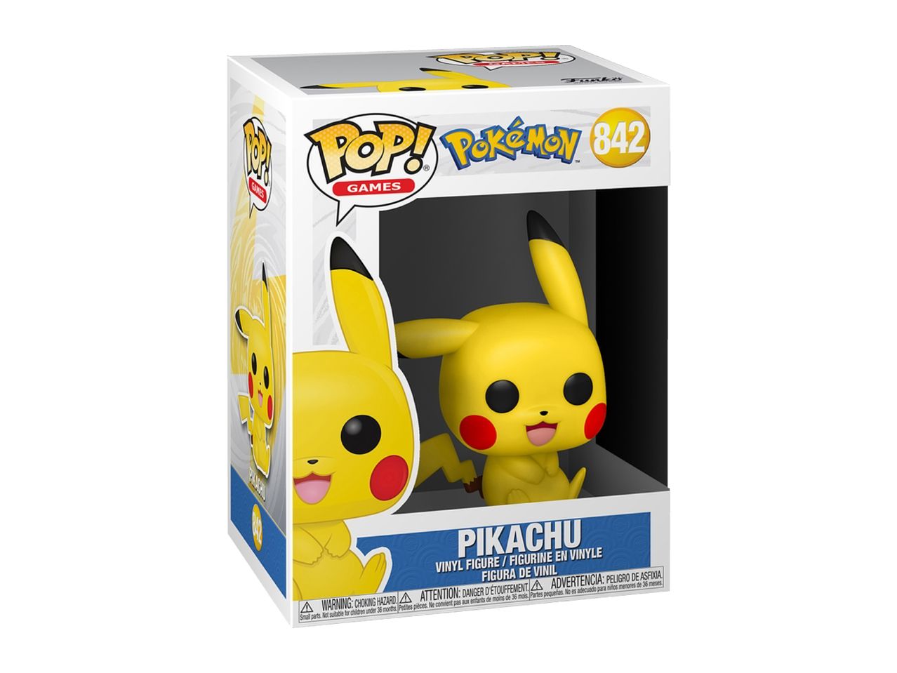 Pikachu vinyl figure in a box, with warnings and product details.