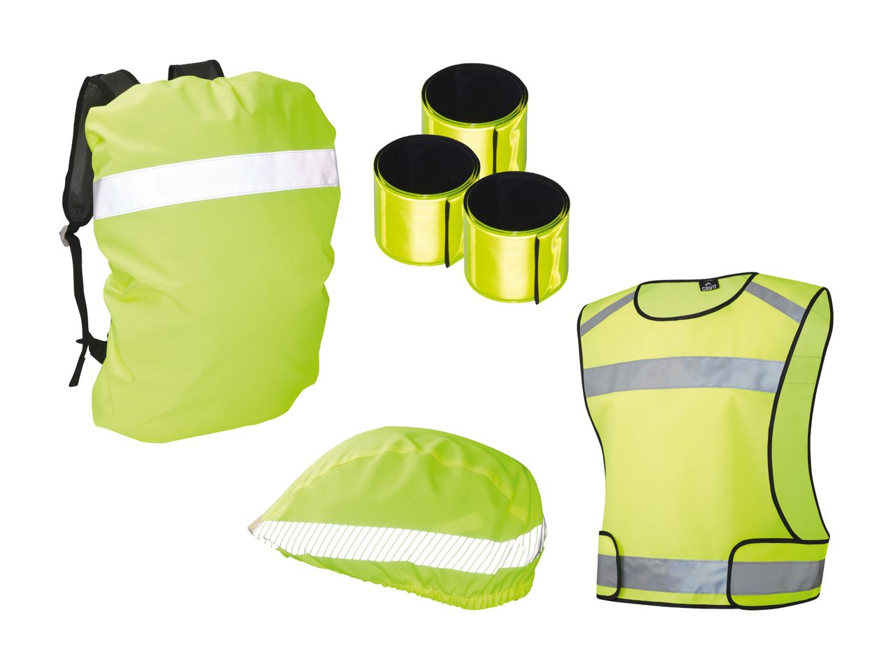 Crivit Sicherheitsset: Warnweste, Rucksacküberzug, Armbänder und Helmüberzug in Neonfarbe.