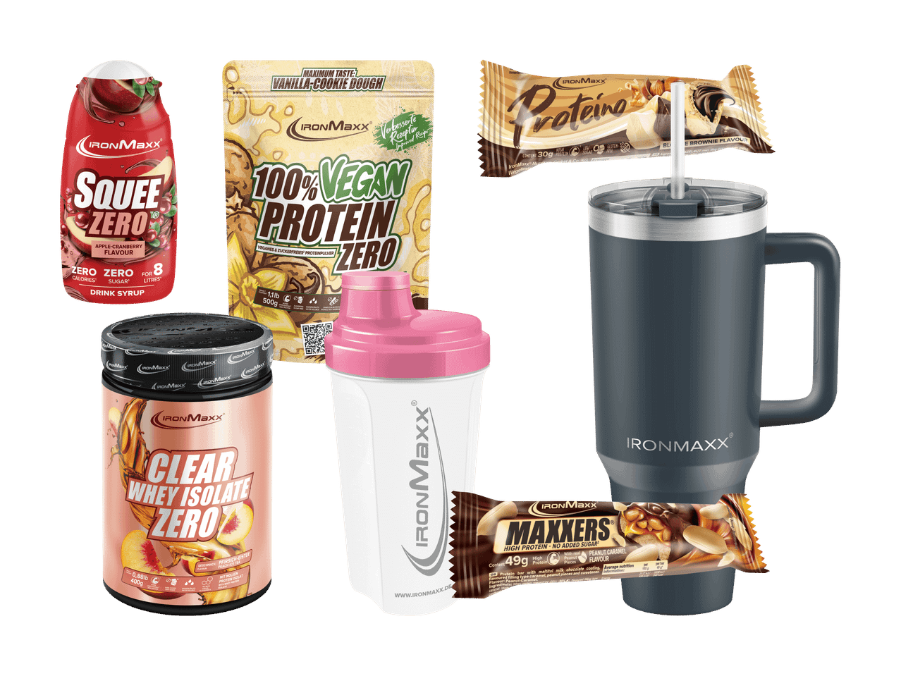 Eine Auswahl an IronMaxx-Produkten, darunter Proteinpulver, Riegel, Sirup und Trinkgefäße.