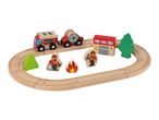 Wooden fire station train set with fire trucks, firefighters, fire, and trees.