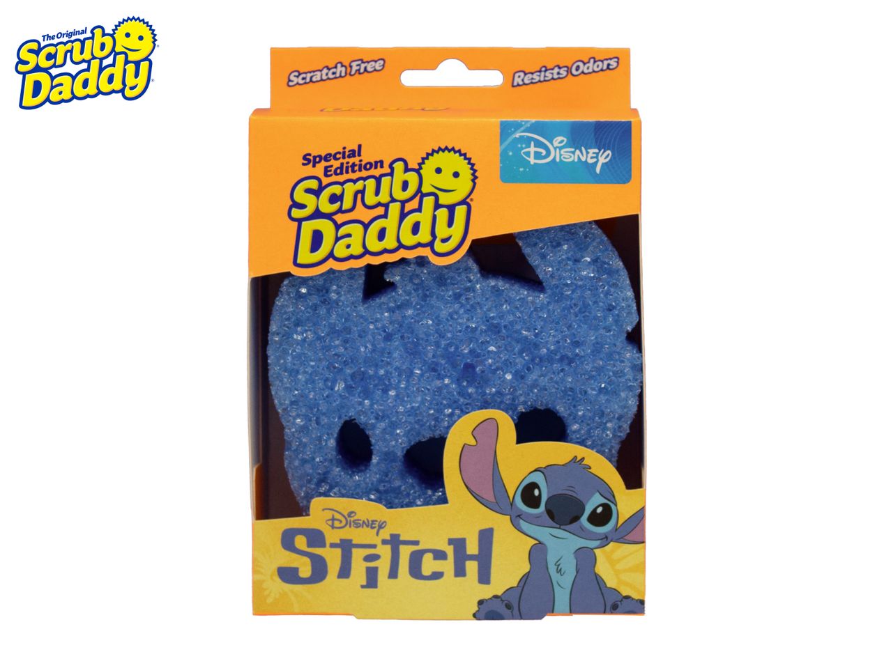 Special edition blue scrub sponge in the shape of Stitch, packaged in a box.