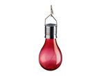 Red solar-powered light bulb with internal fairy lights, hanging from a metal clip.