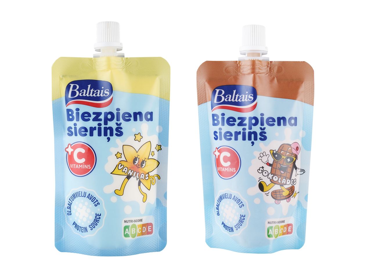 Du „Baltais“ prekės ženklo varškės sūreliai, vienas vanilės, kitas šokolado skonio.