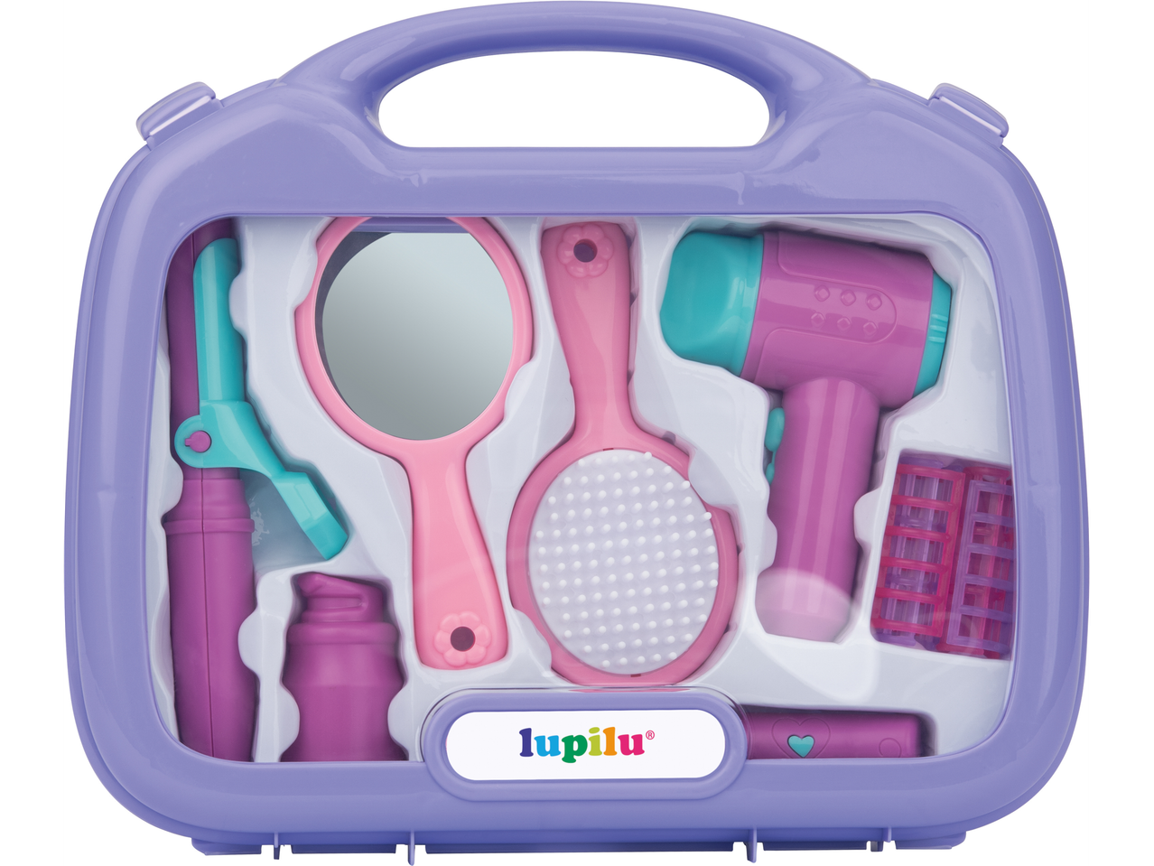 LUPILU® žaidimų rinkinys su veidrodžiu, šepečiu, plaukų džiovintuvu ir suktukais violetiniame dėkle.