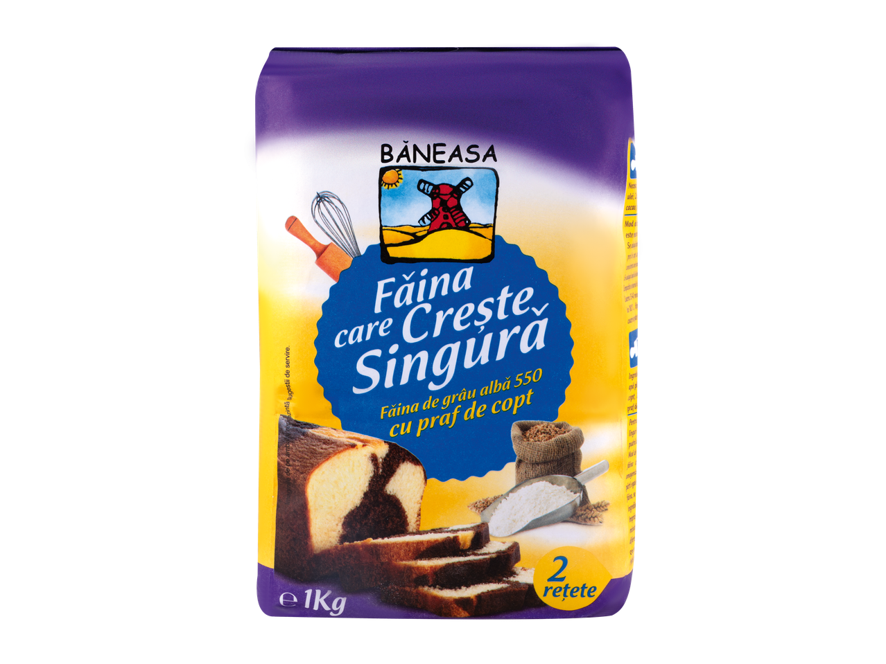 Pachet de 1 kg de făină albă de grâu 550 cu praf de copt, cu ilustrații de copt.