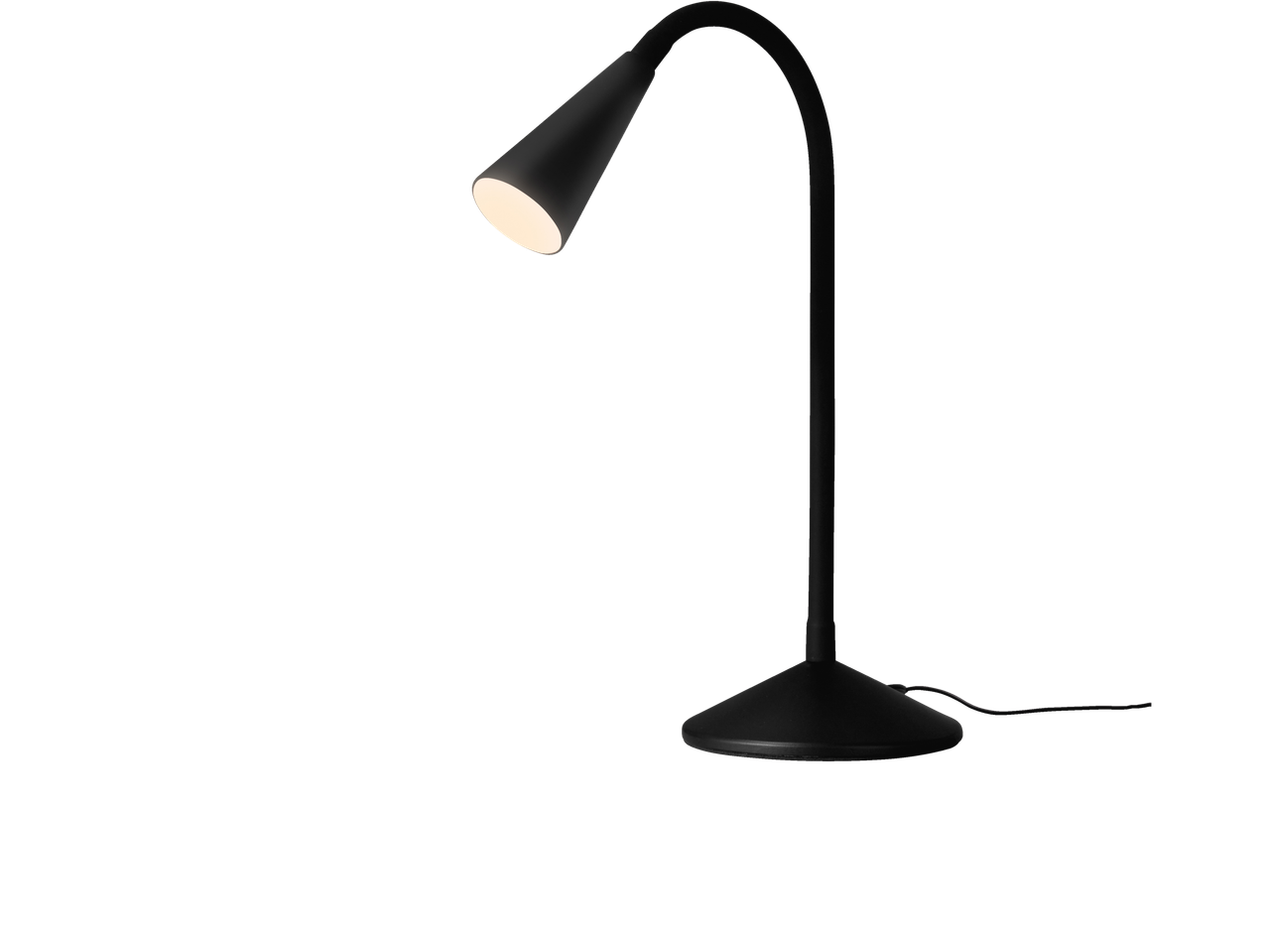 Livarno Asztali LED-olvasólámpa: Candeeiro de mesa LED preto e curvo com luz acesa.