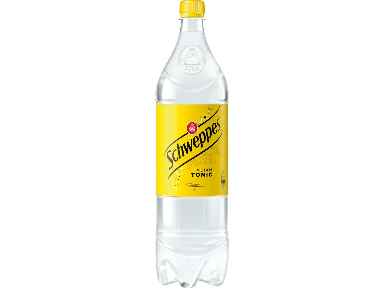 En flaska Schweppes Indian Tonic med gul etikett.
