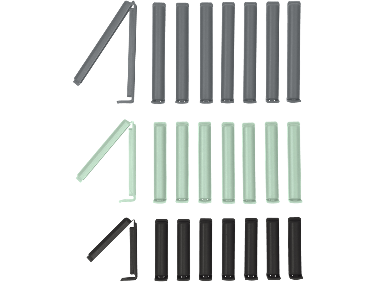 Three rows of bag clips in grey, light green, and black, with some open and some closed.
