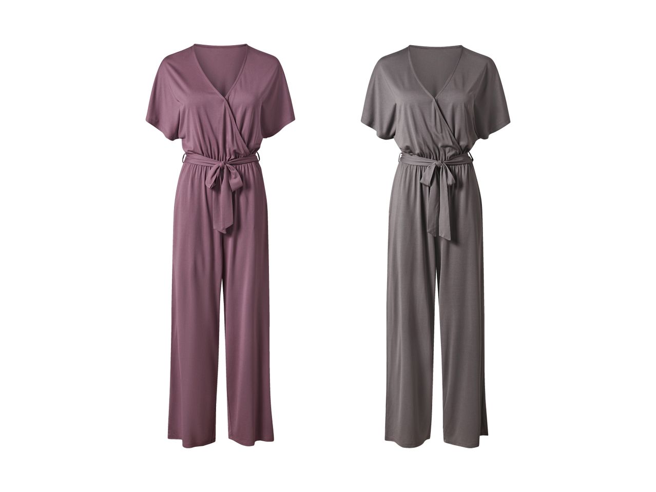 Zwei weite Jumpsuits, einer in Lila und einer in Grau, mit Gürtel in der Taille.