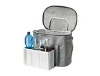 Open grey cooler bag with two water bottles and a bottle of juice in an attached mesh pocket.