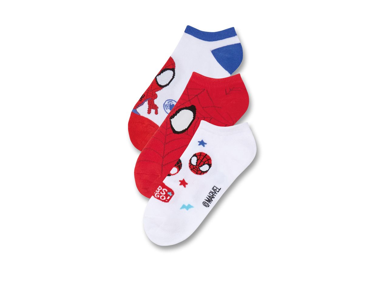 Tre paia di calzini corti da bambino di Spider-Man, bianchi e rossi.