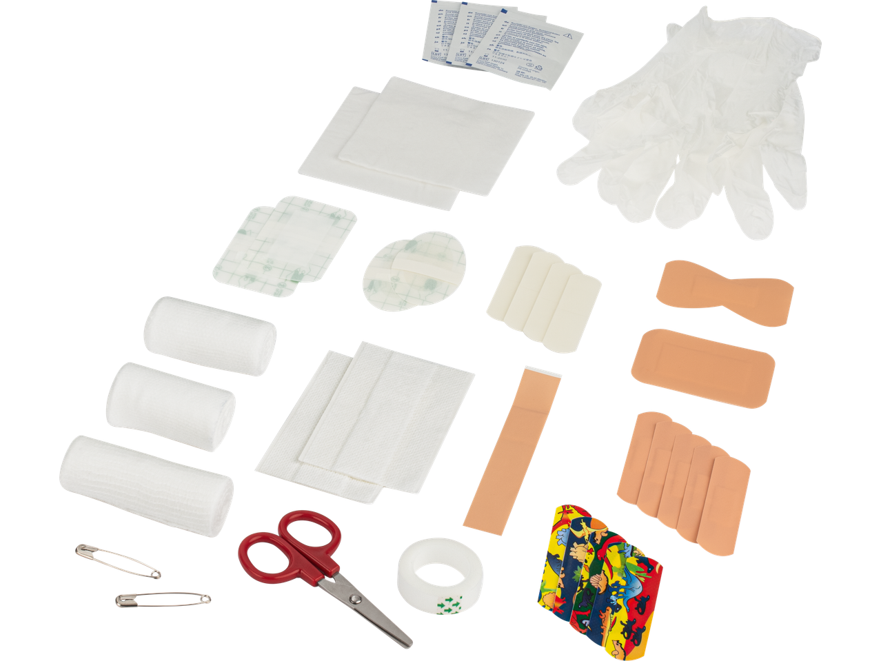 Sensiplast® first aid kit: bandages, plasters, gloves, scissors, and safety pins.