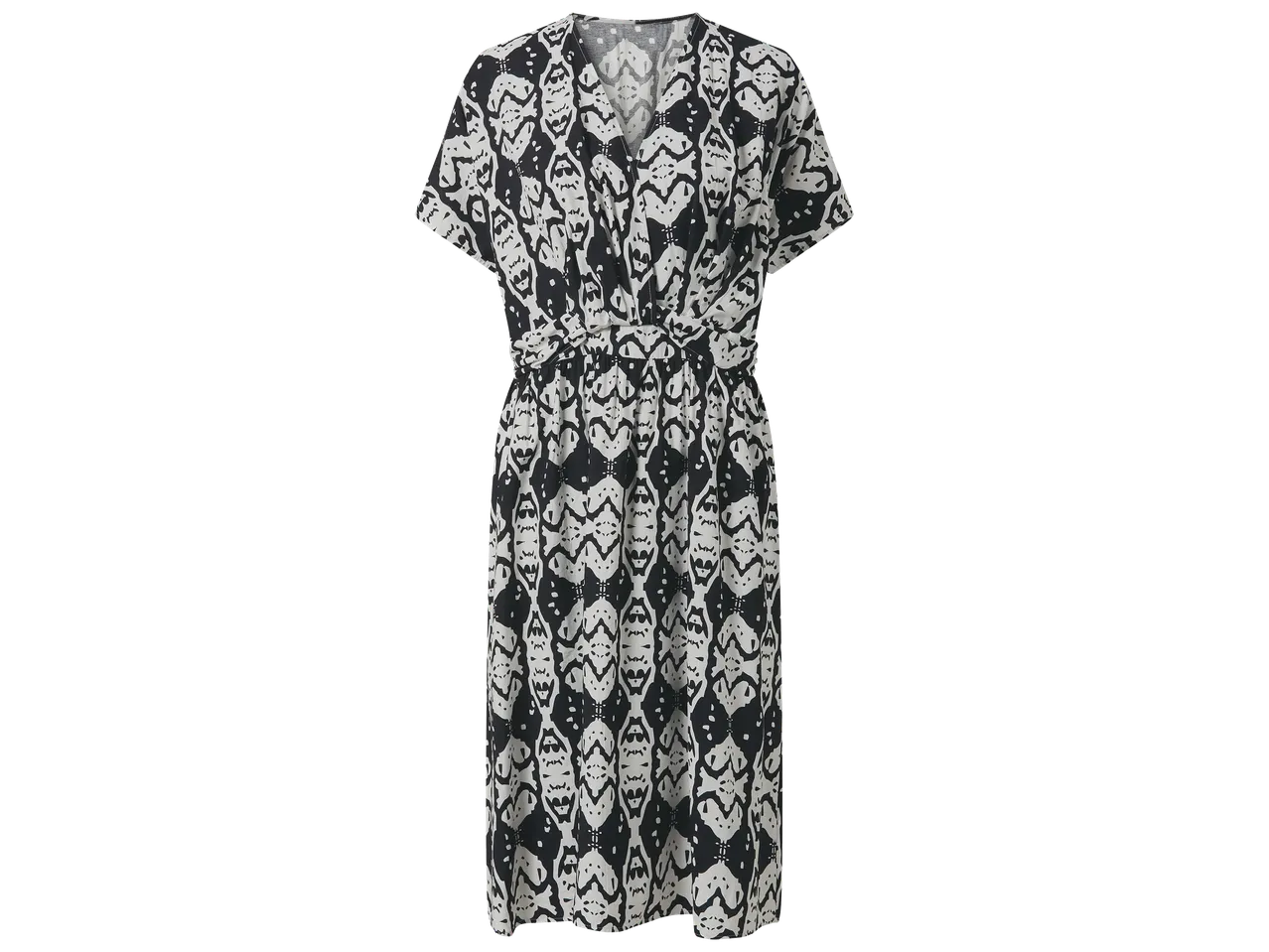 Robe longue noire et blanche à motif abstrait, col en V et manches courtes.