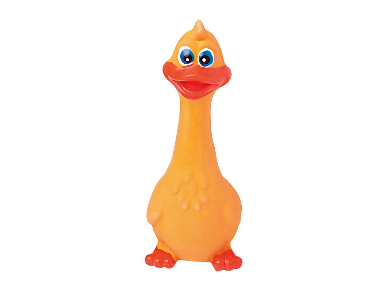 Squeaky orange rubber duck dog toy with a long neck and red feet