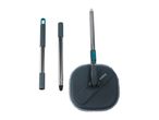 A disassembled and assembled mop with a round head and extendable handle.