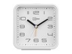 White square alarm clock with black numbers and hands, and an orange second hand.